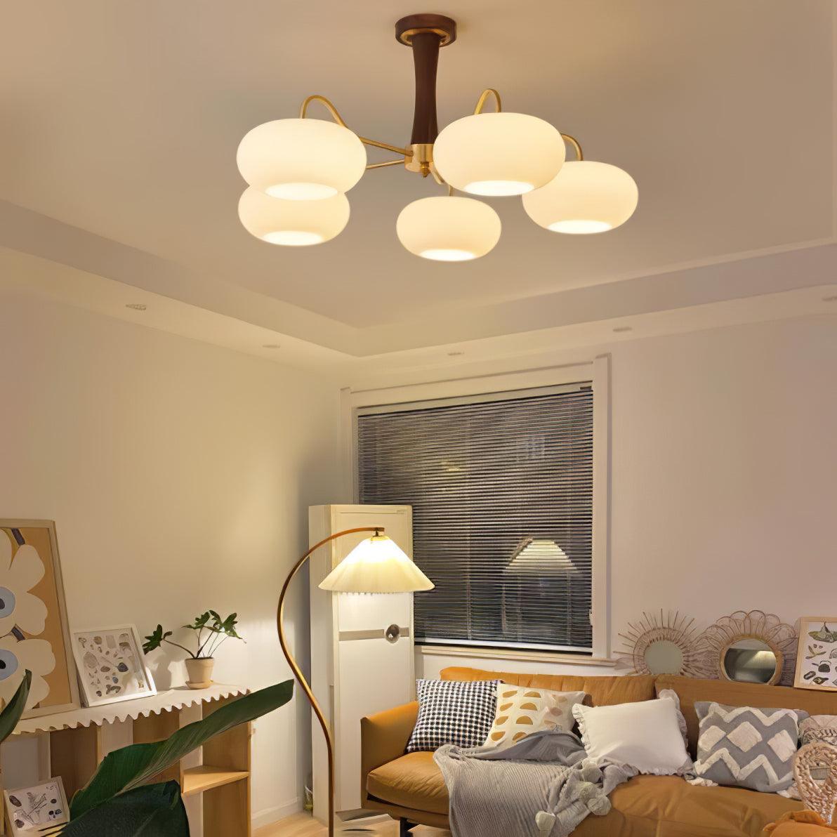 Hedda Wood & Brass Chandeliers for Dining Room, Persimmon Glass, 3 or 5 Lights, Hardwired