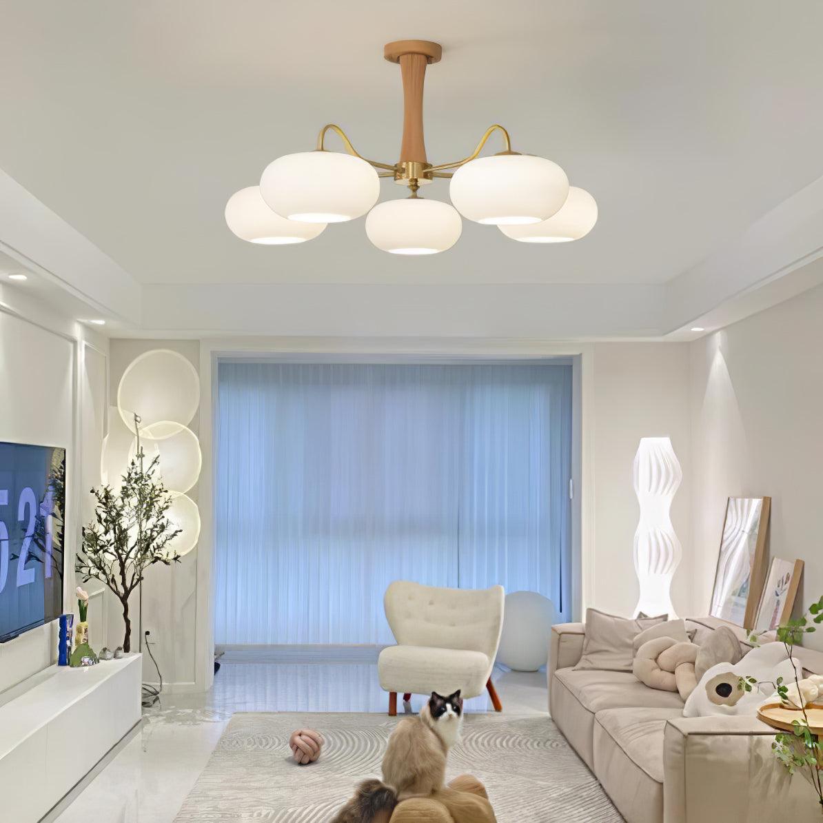 Hedda Wood & Brass Chandeliers for Dining Room, Persimmon Glass, 3 or 5 Lights, Hardwired