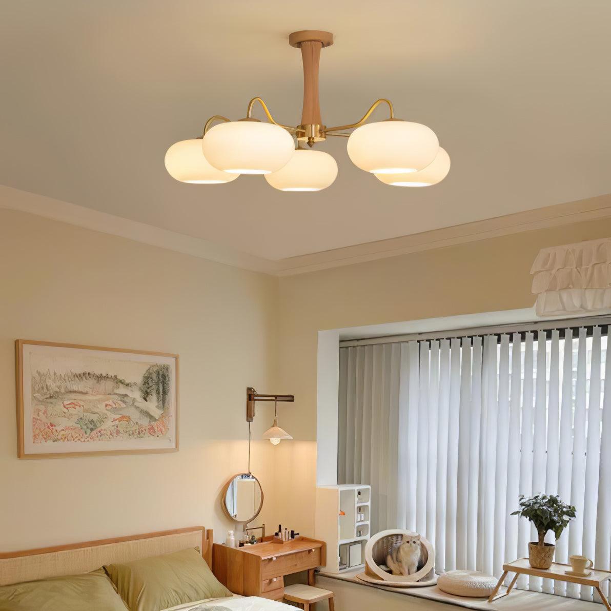 Hedda Wood & Brass Chandeliers for Dining Room, Persimmon Glass, 3 or 5 Lights, Hardwired