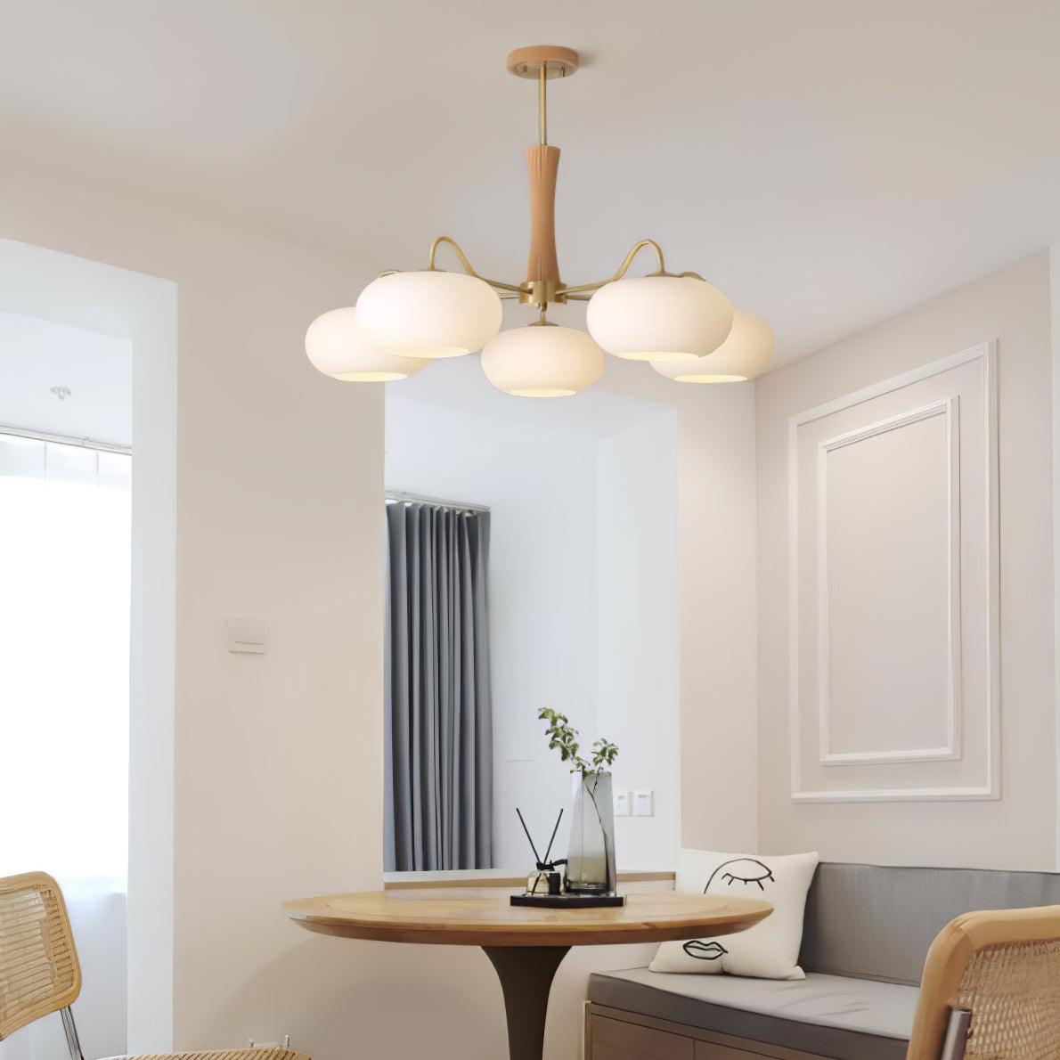 Hedda Wood & Brass Chandeliers for Dining Room, Persimmon Glass, 3 or 5 Lights, Hardwired