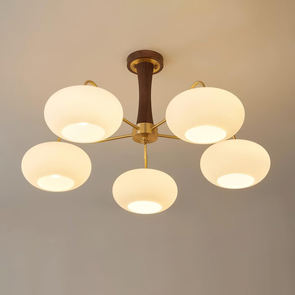 Hedda Wood & Brass Chandeliers for Dining Room, Persimmon Glass, 3 or 5 Lights, Hardwired