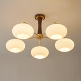 Hedda Wood & Brass Chandeliers for Dining Room, Persimmon Glass, 3 or 5 Lights, Hardwired