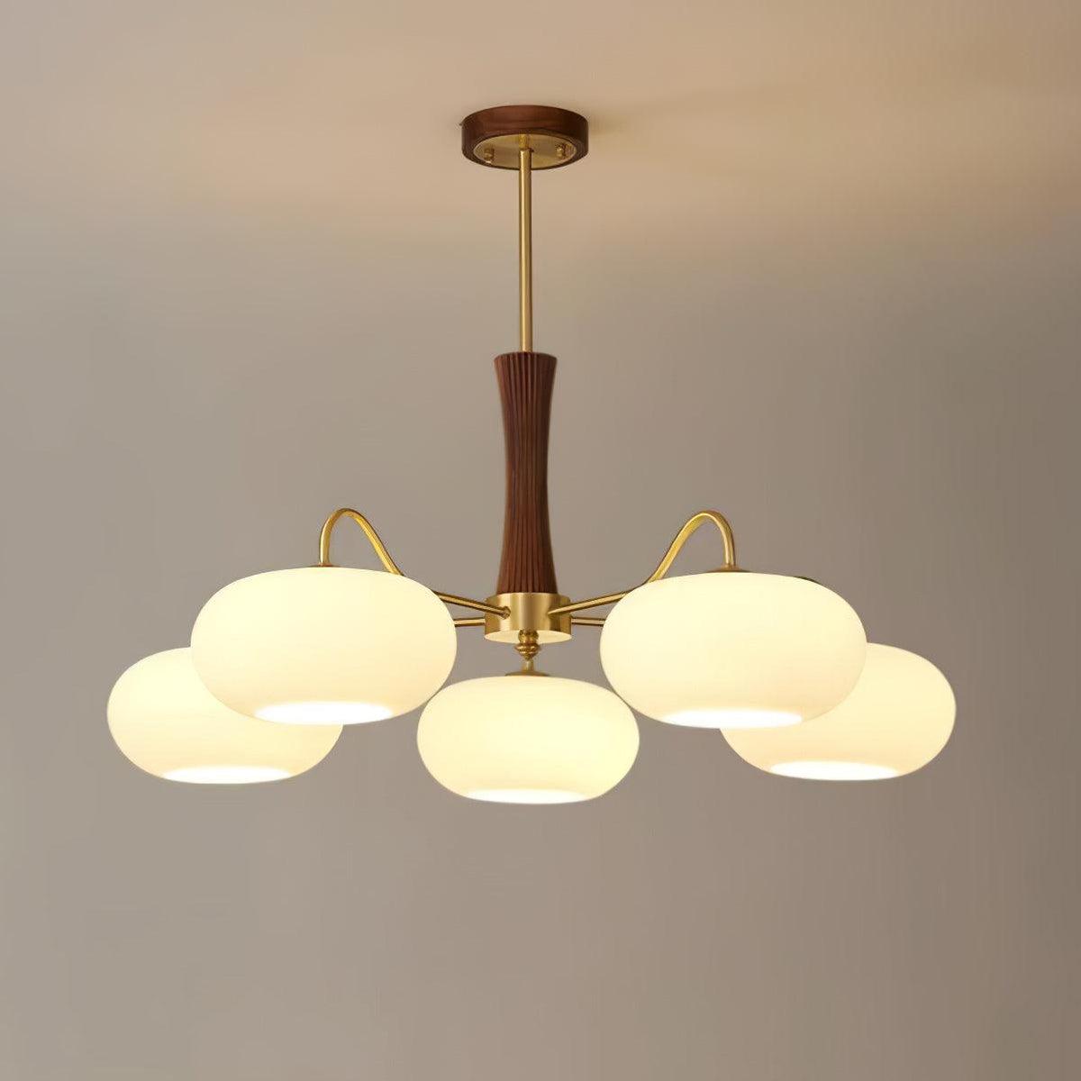 Hedda Wood & Brass Chandeliers for Dining Room, Persimmon Glass, 3 or 5 Lights, Hardwired