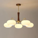 Hedda Wood & Brass Chandeliers for Dining Room, Persimmon Glass, 3 or 5 Lights, Hardwired