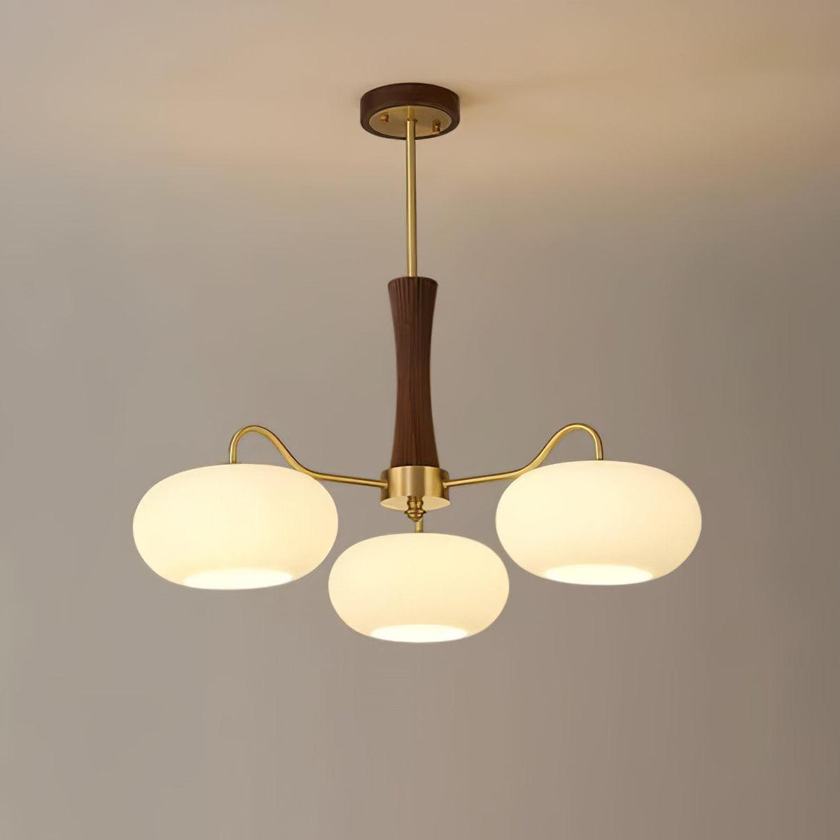 Hedda Wood & Brass Chandeliers for Dining Room, Persimmon Glass, 3 or 5 Lights, Hardwired