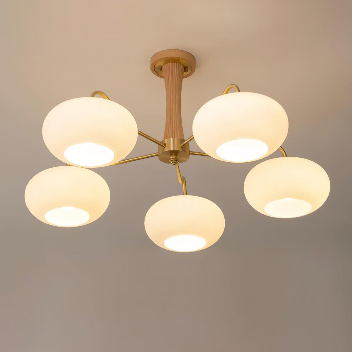 Hedda Wood & Brass Chandeliers for Dining Room, Persimmon Glass, 3 or 5 Lights, Hardwired