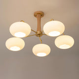 Hedda Wood & Brass Chandeliers for Dining Room, Persimmon Glass, 3 or 5 Lights, Hardwired