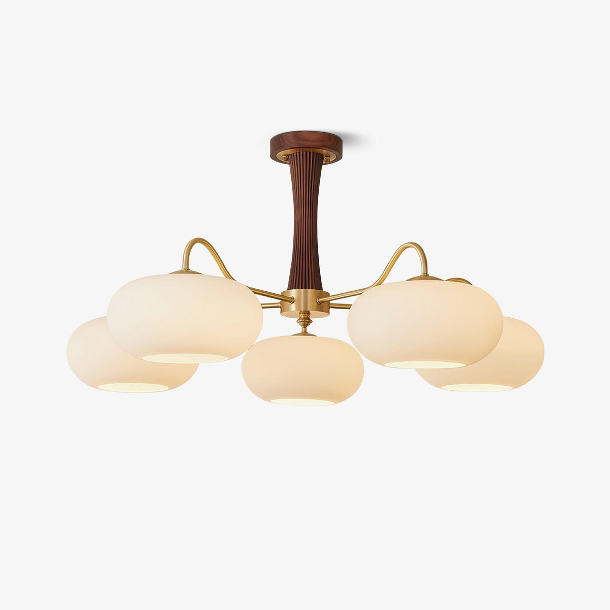 Hedda Wood & Brass Chandeliers for Dining Room, Persimmon Glass, 3 or 5 Lights, Hardwired