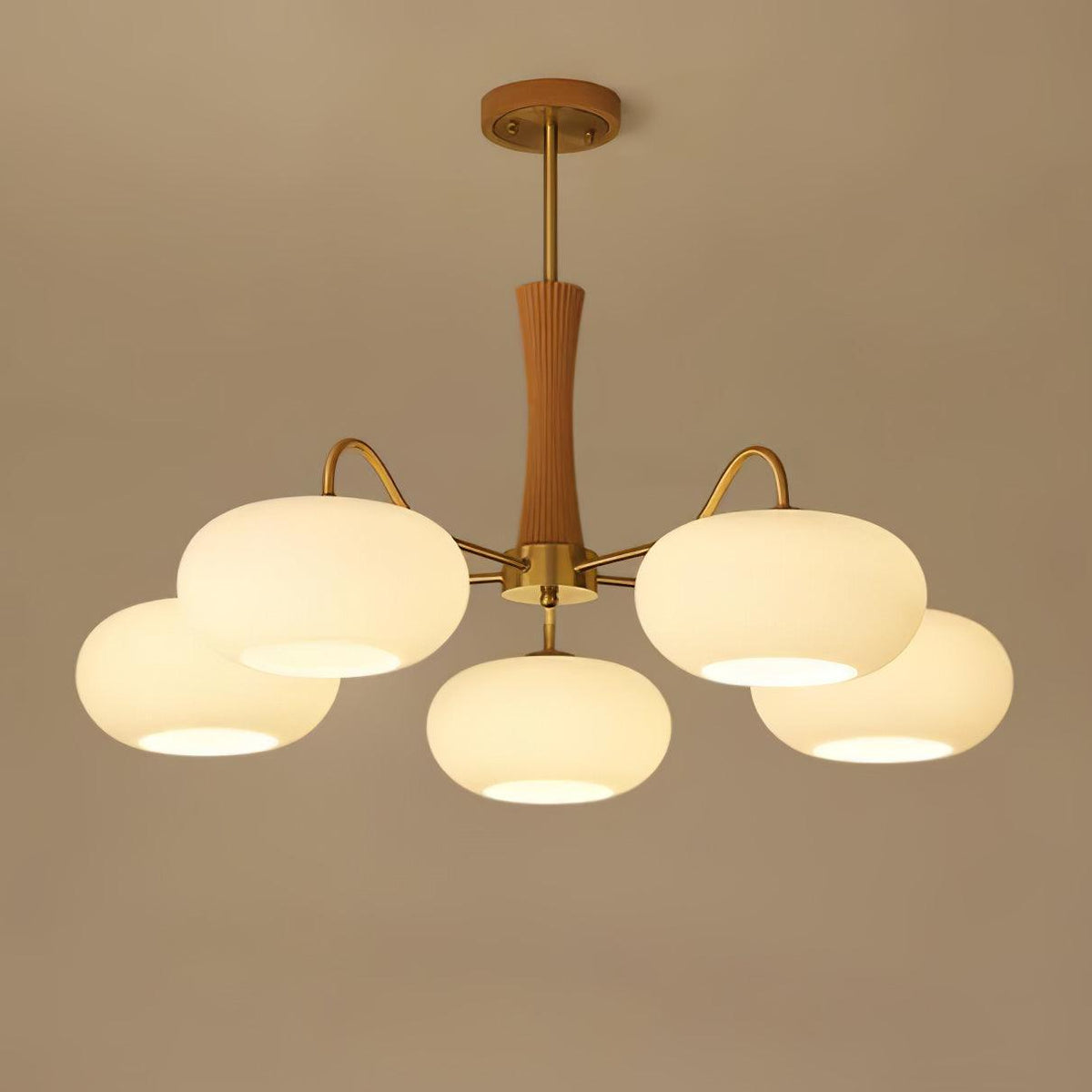 Hedda Wood & Brass Chandeliers for Dining Room, Persimmon Glass, 3 or 5 Lights, Hardwired