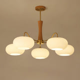 Hedda Wood & Brass Chandeliers for Dining Room, Persimmon Glass, 3 or 5 Lights, Hardwired