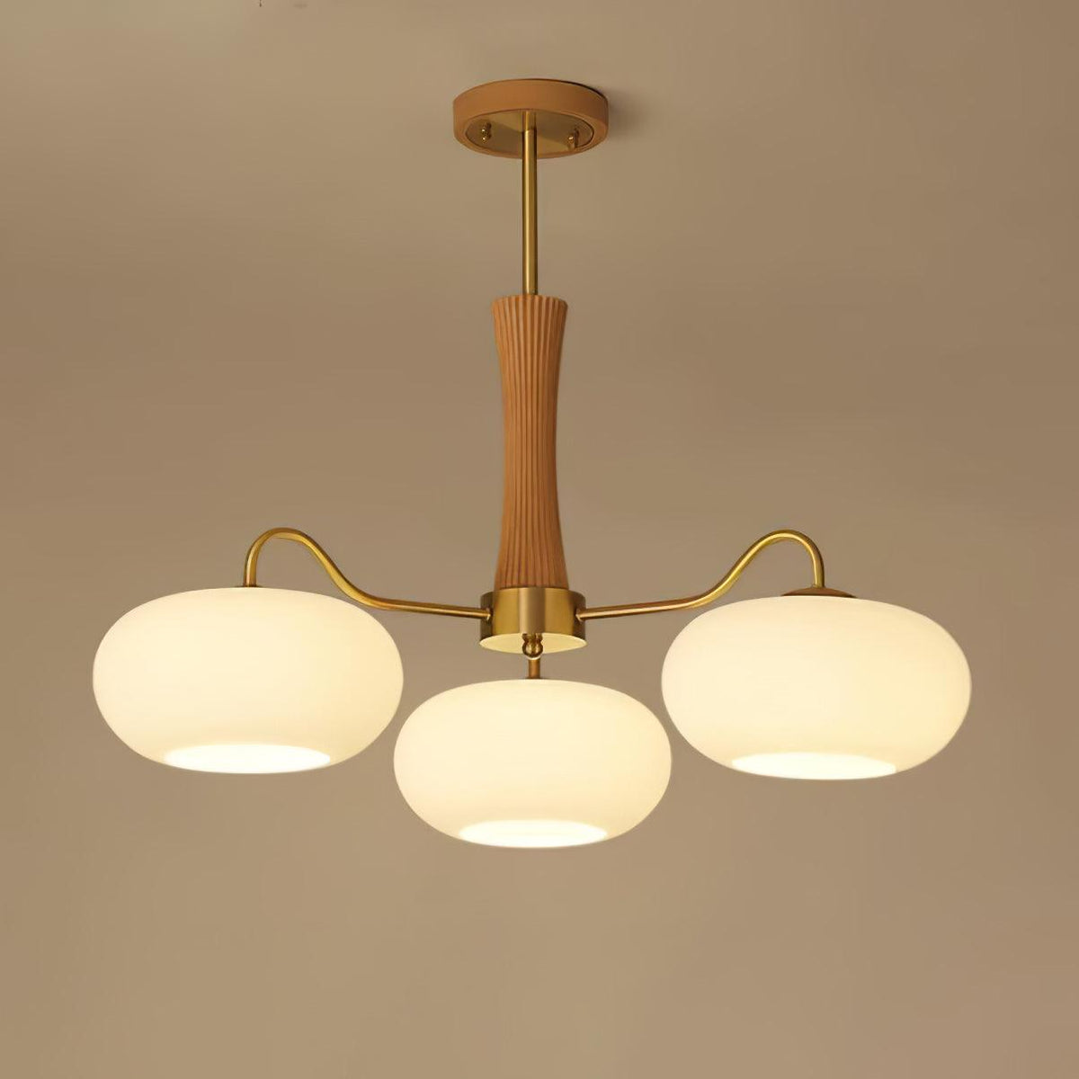 Hedda Wood & Brass Chandeliers for Dining Room, Persimmon Glass, 3 or 5 Lights, Hardwired