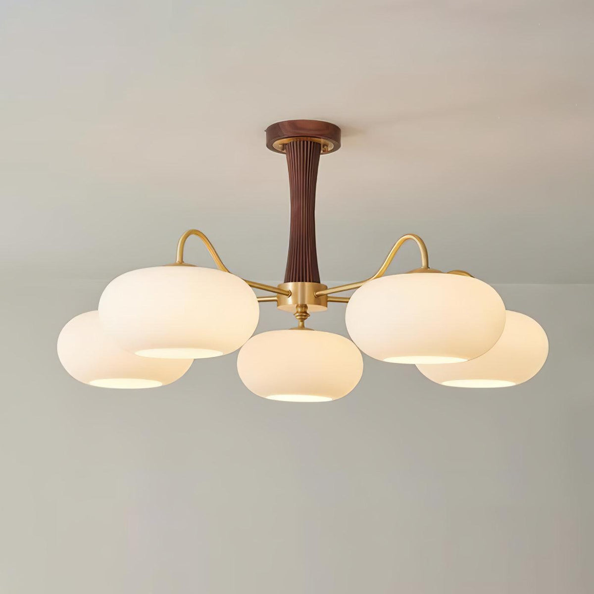 Hedda Wood & Brass Chandeliers for Dining Room, Persimmon Glass, 3 or 5 Lights, Hardwired