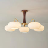 Hedda Wood & Brass Chandeliers for Dining Room, Persimmon Glass, 3 or 5 Lights, Hardwired