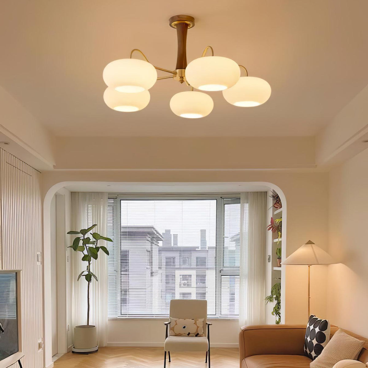 Hedda Wood & Brass Chandeliers for Dining Room, Persimmon Glass, 3 or 5 Lights, Hardwired