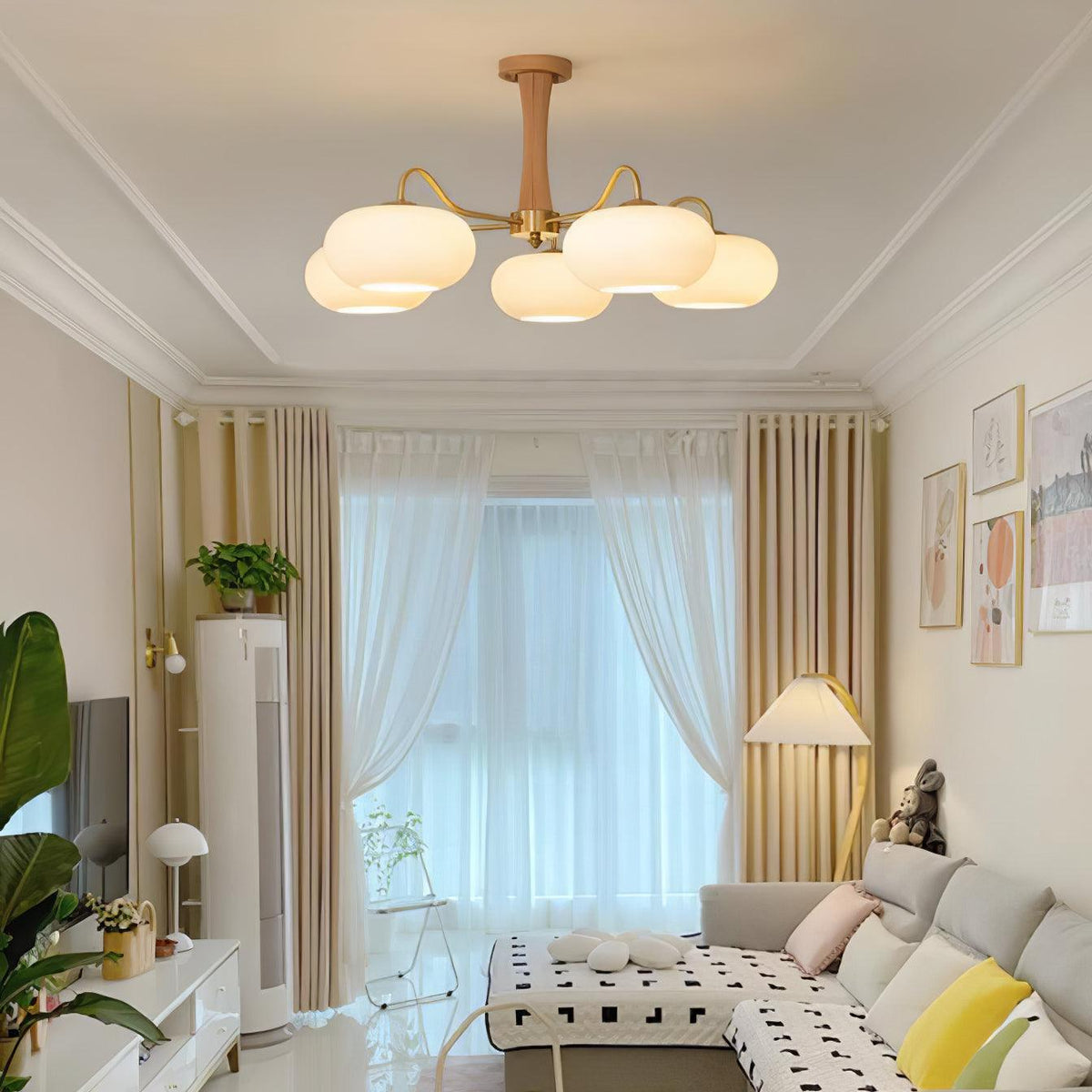 Hedda Wood & Brass Chandeliers for Dining Room, Persimmon Glass, 3 or 5 Lights, Hardwired