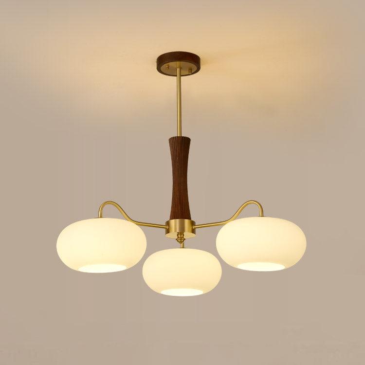 Hedda Wood & Brass Chandeliers for Dining Room, Persimmon Glass, 3 or 5 Lights, Hardwired