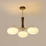 Hedda Wood & Brass Chandeliers for Dining Room, Persimmon Glass, 3 or 5 Lights, Hardwired