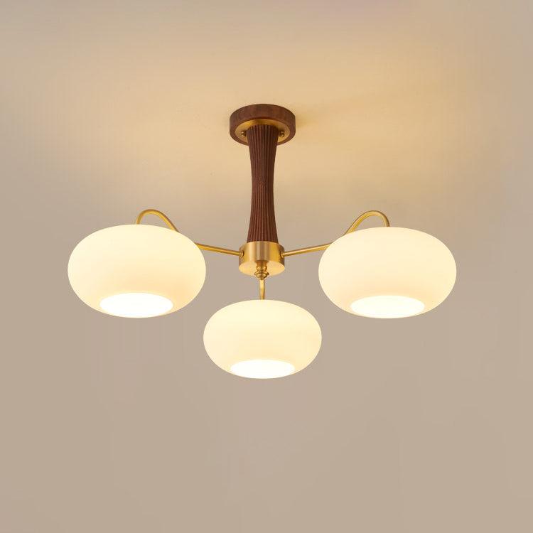 Hedda Wood & Brass Chandeliers for Dining Room, Persimmon Glass, 3 or 5 Lights, Hardwired