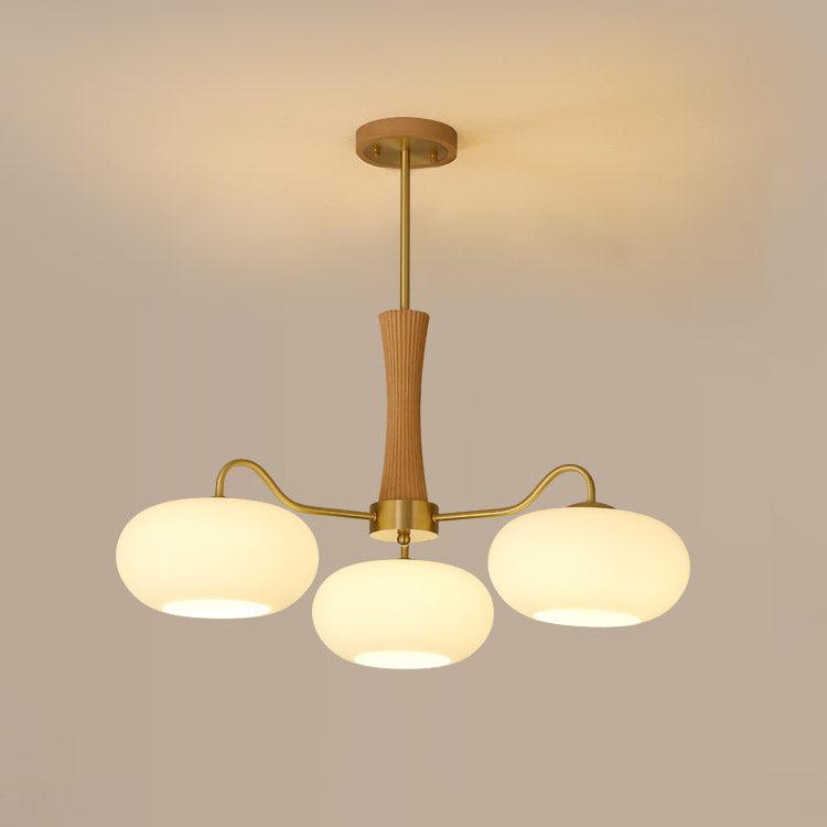 Hedda Wood & Brass Chandeliers for Dining Room, Persimmon Glass, 3 or 5 Lights, Hardwired