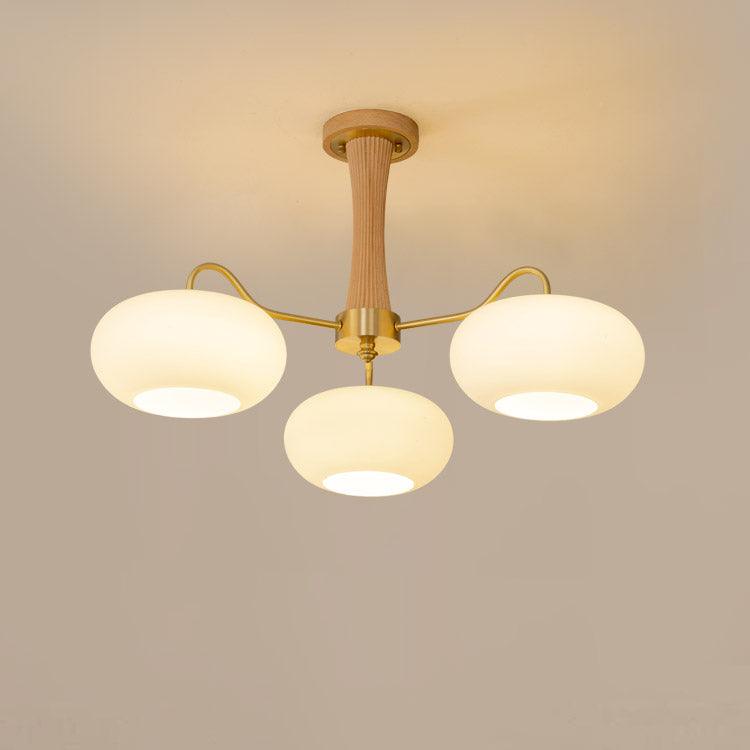 Hedda Wood & Brass Chandeliers for Dining Room, Persimmon Glass, 3 or 5 Lights, Hardwired