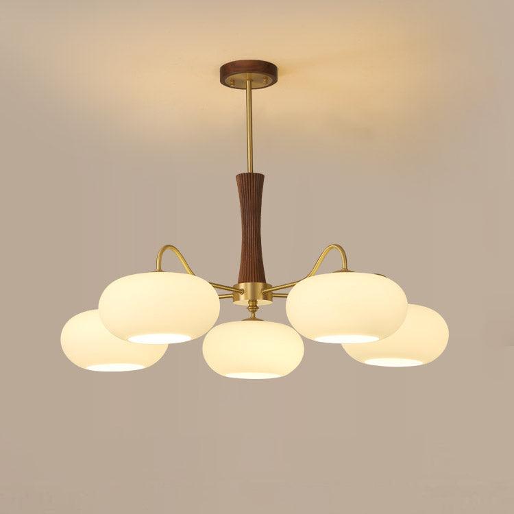 Hedda Wood & Brass Chandeliers for Dining Room, Persimmon Glass, 3 or 5 Lights, Hardwired