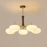 Hedda Wood & Brass Chandeliers for Dining Room, Persimmon Glass, 3 or 5 Lights, Hardwired