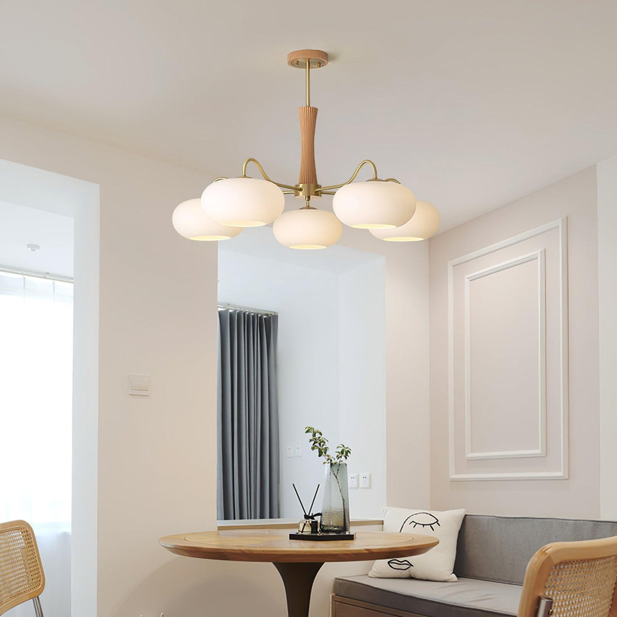 Hedda Wood & Brass Chandeliers for Dining Room, Persimmon Glass, 3 or 5 Lights, Hardwired