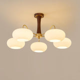 Hedda Wood & Brass Chandeliers for Dining Room, Persimmon Glass, 3 or 5 Lights, Hardwired