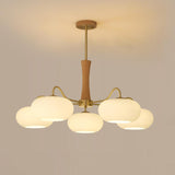Hedda Wood & Brass Chandeliers for Dining Room, Persimmon Glass, 3 or 5 Lights, Hardwired