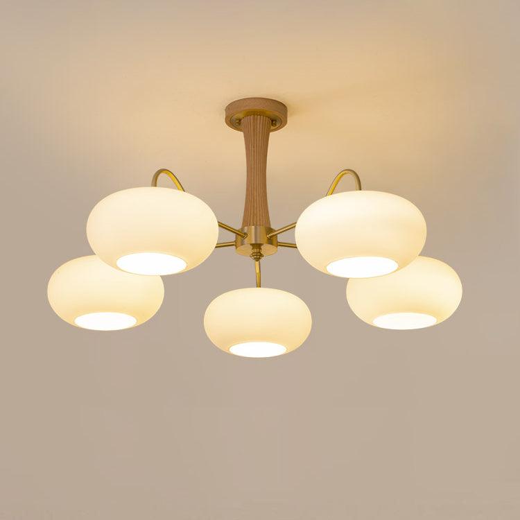 Hedda Wood & Brass Chandeliers for Dining Room, Persimmon Glass, 3 or 5 Lights, Hardwired