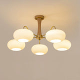 Hedda Wood & Brass Chandeliers for Dining Room, Persimmon Glass, 3 or 5 Lights, Hardwired