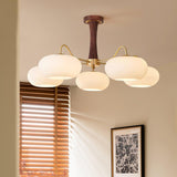 Hedda Wood & Brass Chandeliers for Dining Room, Persimmon Glass, 3 or 5 Lights, Hardwired