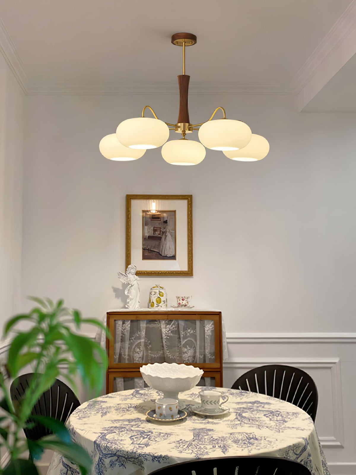 Hedda Wood & Brass Chandeliers for Dining Room, Persimmon Glass, 3 or 5 Lights, Hardwired