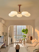Hedda Wood & Brass Chandeliers for Dining Room, Persimmon Glass, 3 or 5 Lights, Hardwired