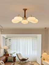 Hedda Wood & Brass Chandeliers for Dining Room, Persimmon Glass, 3 or 5 Lights, Hardwired