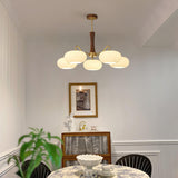 Hedda Wood & Brass Chandeliers for Dining Room, Persimmon Glass, 3 or 5 Lights, Hardwired