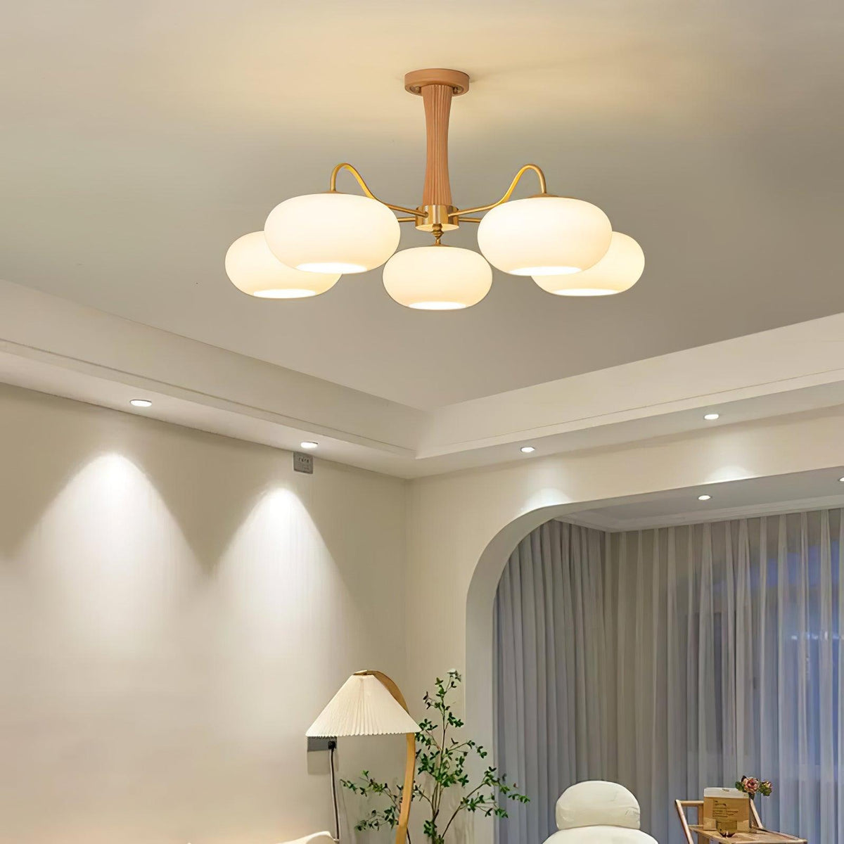 Hedda Wood & Brass Chandeliers for Dining Room, Persimmon Glass, 3 or 5 Lights, Hardwired