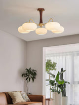 Hedda Wood & Brass Chandeliers for Dining Room, Persimmon Glass, 3 or 5 Lights, Hardwired