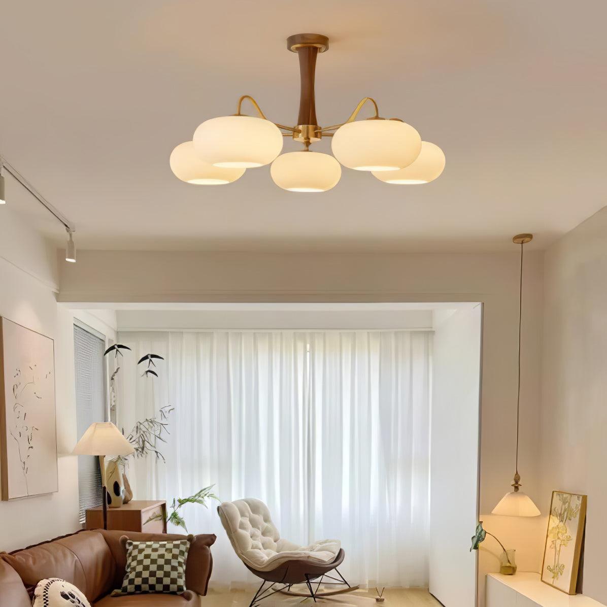 Hedda Wood & Brass Chandeliers for Dining Room, Persimmon Glass, 3 or 5 Lights, Hardwired