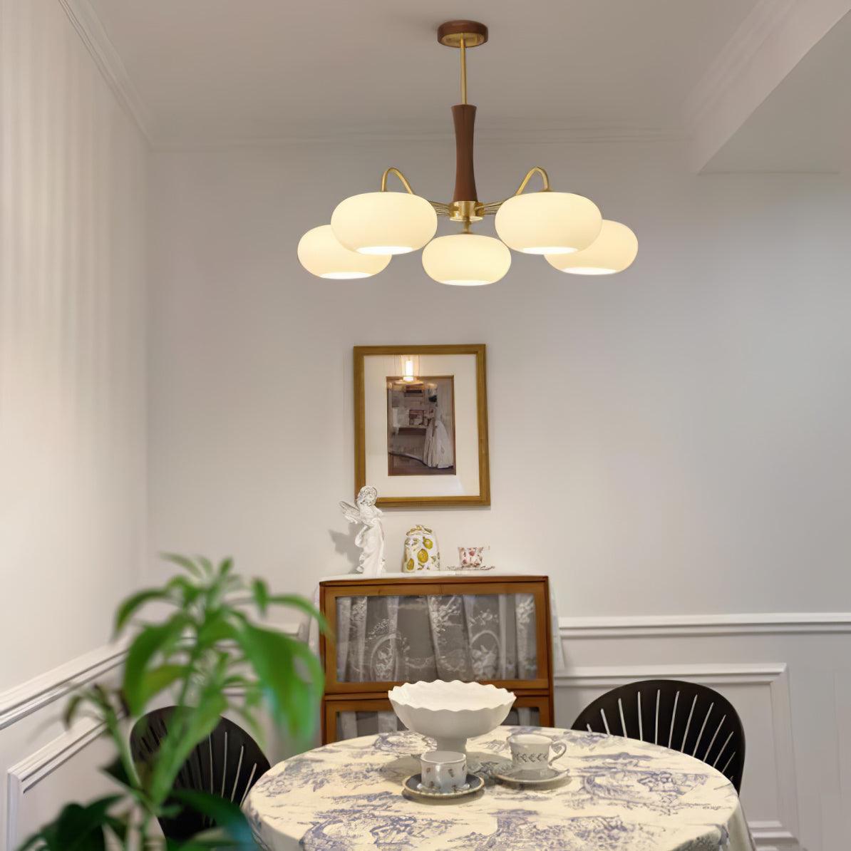 Hedda Wood & Brass Chandeliers for Dining Room, Persimmon Glass, 3 or 5 Lights, Hardwired