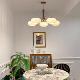 Hedda Wood & Brass Chandeliers for Dining Room, Persimmon Glass, 3 or 5 Lights, Hardwired