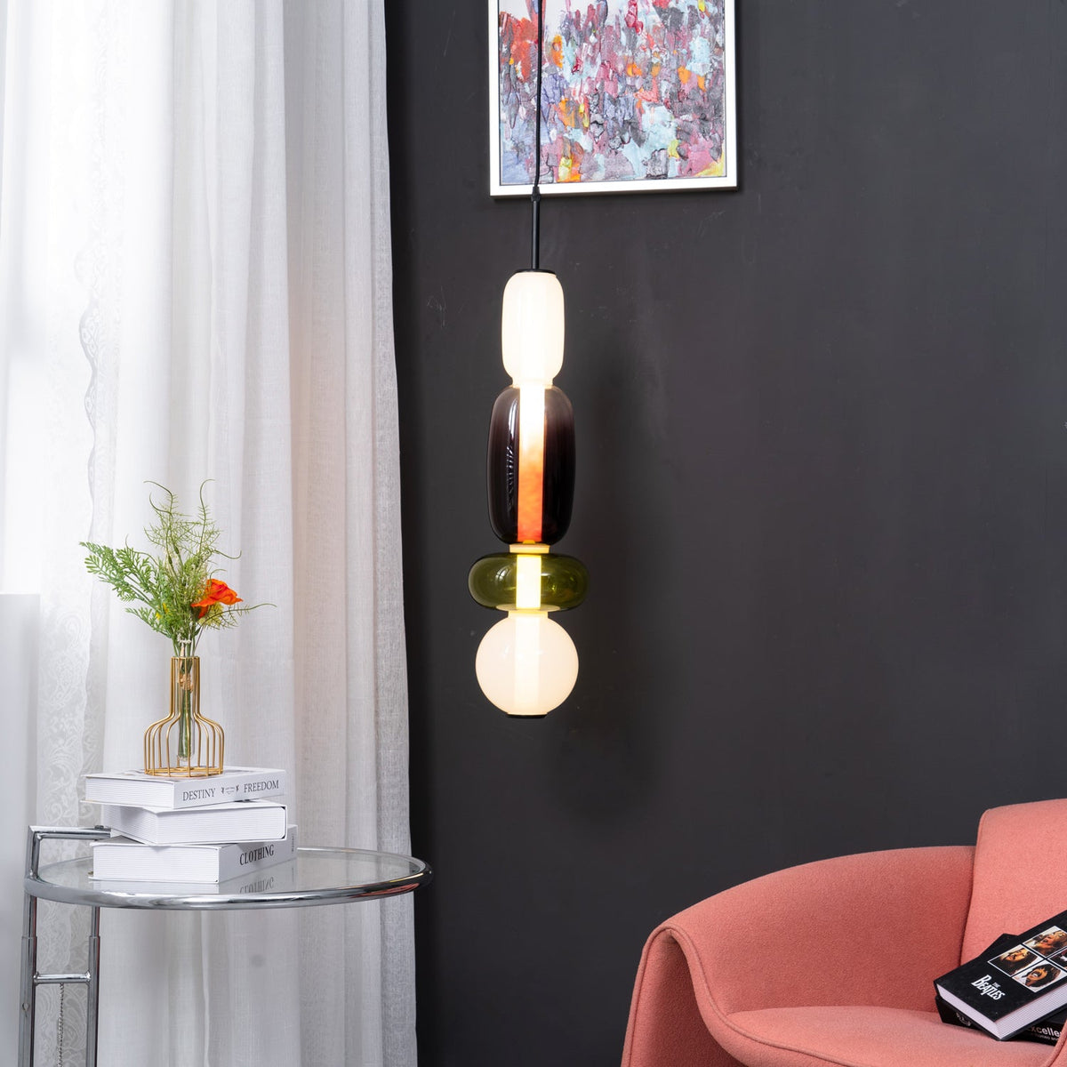 Candied Glass Pendant Light lit at night in a modern interior