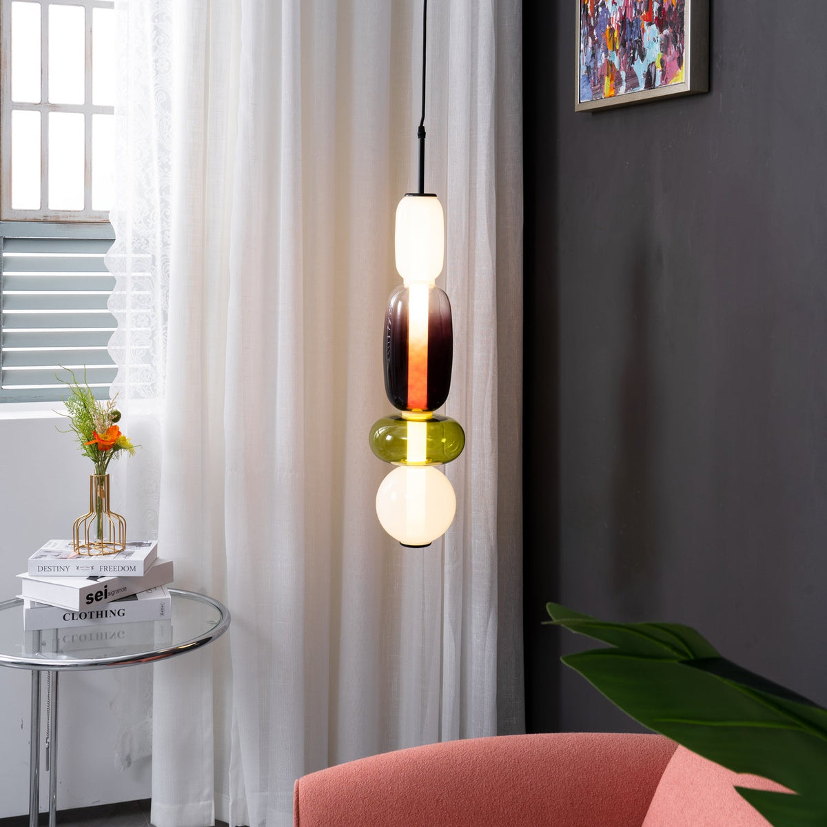 Candied Glass Pendant Light installed above a bedside table
