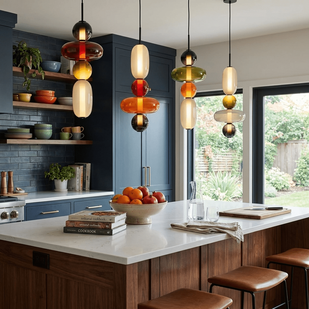 Candied Glass Pendant Light glowing with warm integrated LED light