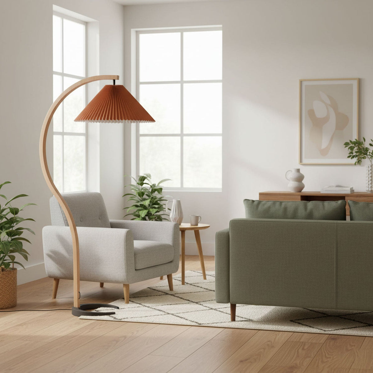 Caprani beechwood floor lamp with white linen shade in a living room