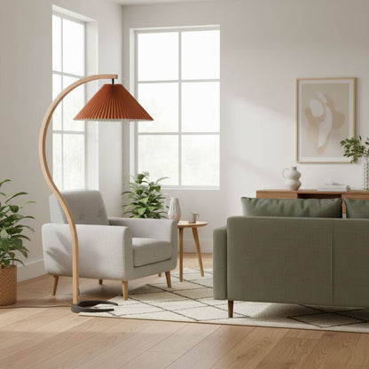 Caprani beechwood floor lamp with white linen shade in a living room