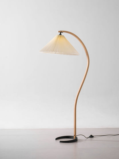 Caprani Wood Floor Lamp, Mid-Century Beechwood Stem, Linen Shade, Plug-In