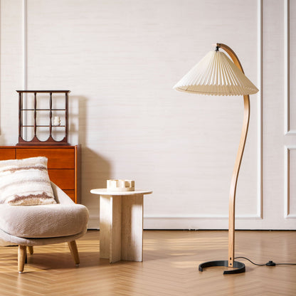 Caprani Wood Floor Lamp, Mid-Century Beechwood Stem, Linen Shade, Plug-In