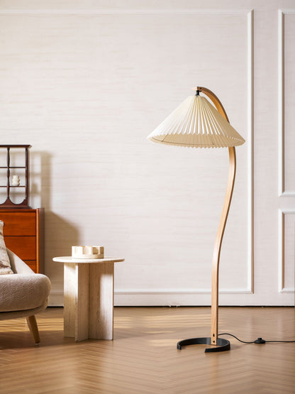 Caprani Wood Floor Lamp, Mid-Century Beechwood Stem, Linen Shade, Plug-In