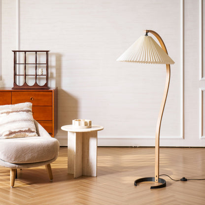 Caprani Wood Floor Lamp, Mid-Century Beechwood Stem, Linen Shade, Plug-In